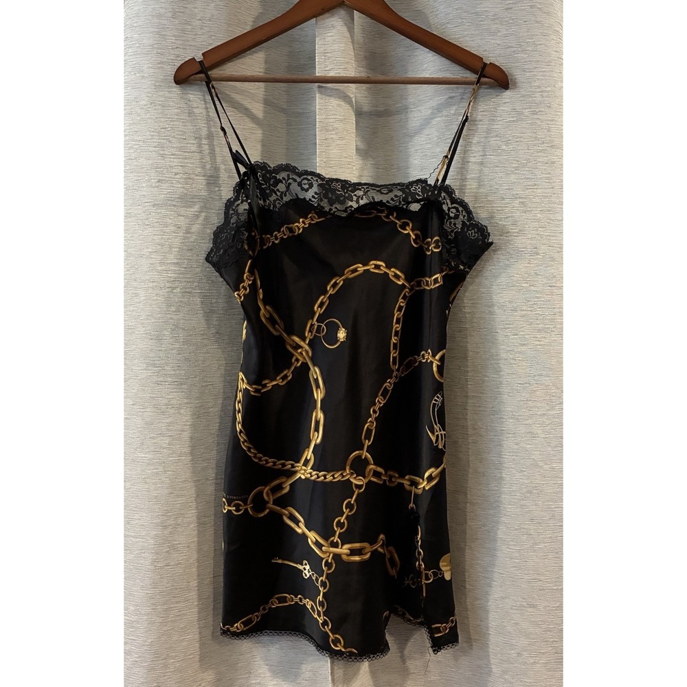 Y2K Victoria's Secret Black Satin Slip Dress Gold Chain Lock Print Lace Size S